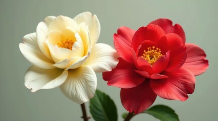 Close-up view of two vibrant blossoms, one creamy white and the other a rich red, showcasing the intricate details of their petals and central stamens.