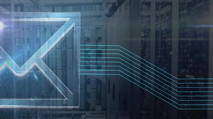 In technology center, animation of email icon with digital lines over data servers - Powered by Adobe