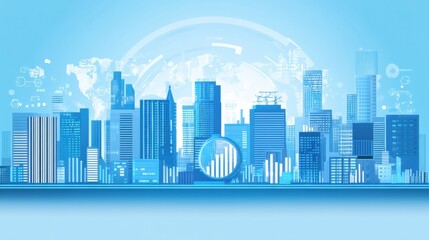 Blue Cityscape with Global Network and Growth Chart