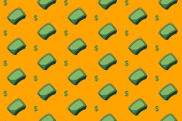 cash money bills with dollar currency symbol colorful seamless pattern on yellow background set. doodle money illustration pattern background. dollar money background for packaging and merchandise