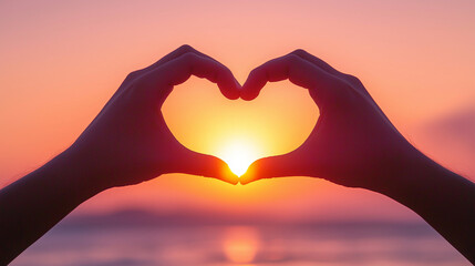 Obraz premium Hands shaping a heart around the glowing sun at sunset over the ocean. Symbol of love, warmth, and positivity.