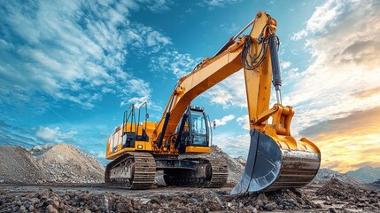 A large yellow excavator machine works on a construction site