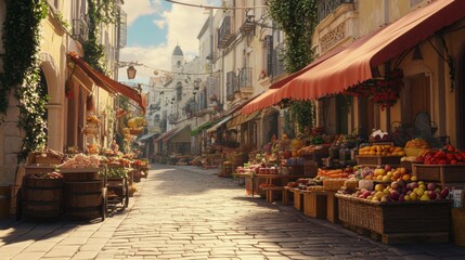 Fototapeta premium Vibrant Street Market with Fresh Produce and Charming Architecture