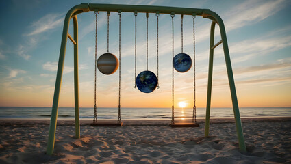 Planets Swinging on Beach at Sunset	