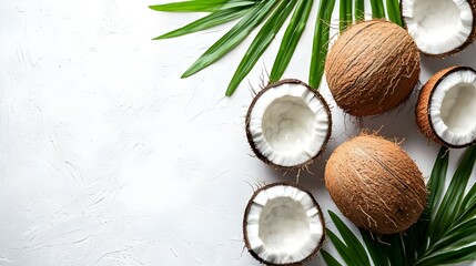 Coconuts with Palm Leaves isolated on white background