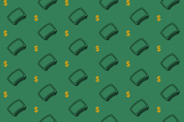 cash money bills with dollar currency symbol outline seamless pattern on green background set. doodle money illustration pattern background. dollar money background for packaging and merchandise