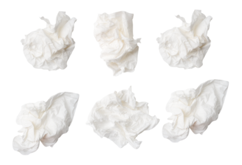Top view set of screwed or crumpled white tissue paper ball isolated with clipping path in png file format