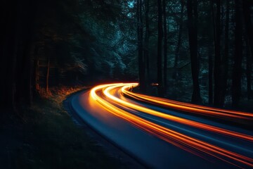 A long-exposure night shot of an electric car speeding through a beautifully lit forest road, its headlights creating light trails.