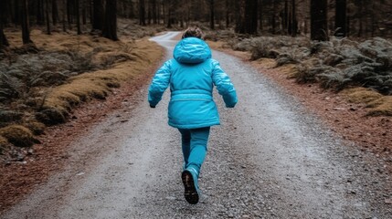 Child in Bright Blue Jacket Running Down a Forest Path