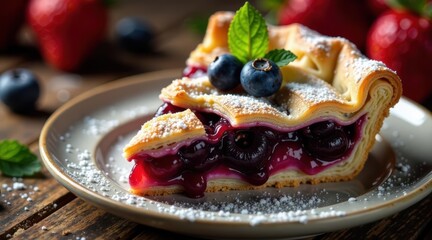A delectable slice of homemade berry pie, featuring a flaky crust and a vibrant fruit filling, garnished with fresh berries and a light dusting of powdered sugar, presented on an elegant plate.