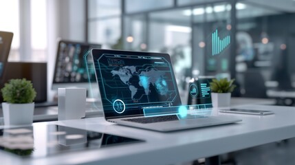 Augmented reality ERP visualization with 3D holographic graphs, business metrics, and KPI trackers, floating above a professional’s desk in a futuristic office environment.