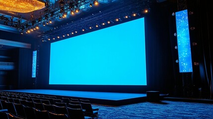 Empty conference hall with large blue screen.