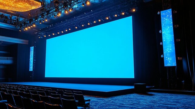 Empty conference hall with large blue screen.