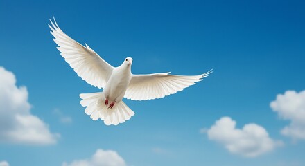 Fototapeta premium 白い鳩 青空を優雅に舞う 晴れやかな光 平和な光景. AI Generated