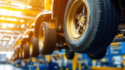 Close Up of a Large Truck Tire on an Assembly Line in a Factory