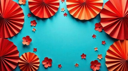 Vibrant Red Paper Fans and Delicate Paper Flowers Arranged on a Teal Background, Creating a Festive and Cheerful Composition Ideal for Seasonal Celebrations or Decorative Projects