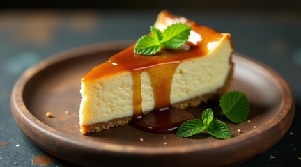 A delectable slice of creamy cheesecake, adorned with a rich caramel topping and fresh mint garnish, rests elegantly on a rustic plate.