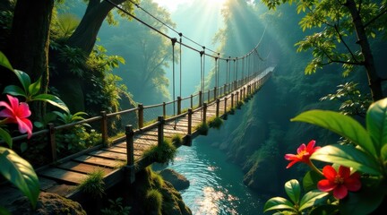 Fototapeta premium Wooden Suspension Bridge Across Lush Jungle River Gorge at Dawn