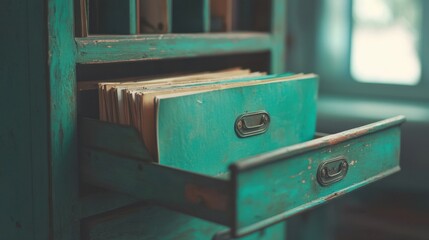 Vintage Filing Cabinet with Open Drawer Revealing Neatly Organized Folders in an Antiquated Teal Color, Capturing Nostalgic Office Atmosphere and Design Aesthetics