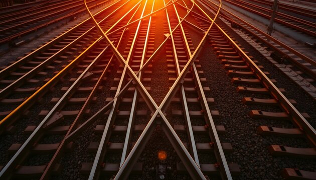 Golden Hour Glow on Converging Railway Tracks Pattern