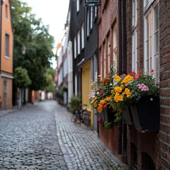 Fototapeta premium Picturesque European Street Scene with Cobblestones and Colorful Flowers