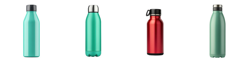 Assortment of reusable stainless steel thermos bottles in mint green and red colors showcasing their modern eco friendly and sustainable design for outdoor activities fitness and healthy lifestyle