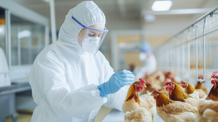Poultry Health Assessment: A scientist in protective gear conducts health checkups on chickens, focusing on poultry health, with a controlled environment backdrop.