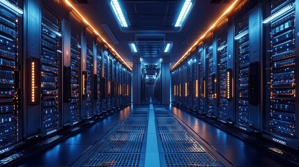 A futuristic data center corridor lined with servers brightly lit