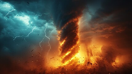 Fototapeta premium Dramatic Tornado with Lightning and Fiery Clouds in Stormy Sky