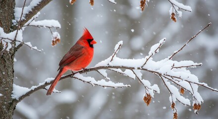 雪景色 鮮やか紅色の鳥 静かに枝に止まる. AI Generated