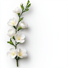 Fototapeta premium Delicate White Flowers on a Branch Against a White Background