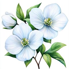 A beautiful delicate flower with green leaves captured in soft watercolor strokes showcasing nature's elegance and charm