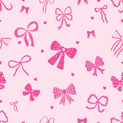 Seamless pattern with pink various cute bow knots, gift ribbons. Hand drawn vector illustration. Can be used in textile industry, paper, background, scrapbooking.