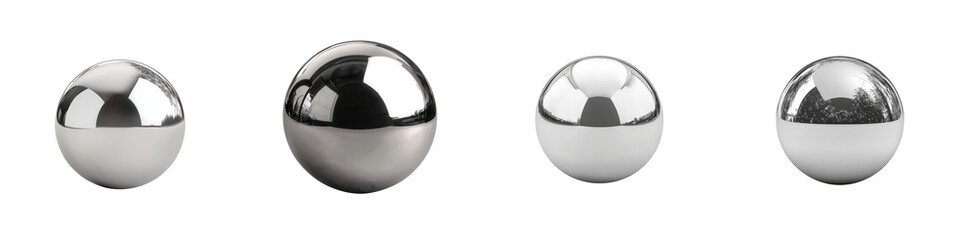 Silver metallic spheres of various sizes arranged in a minimalist abstract composition creating a visually striking and futuristic display  The shiny