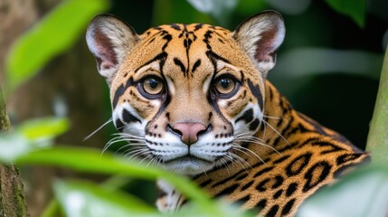 Close Up Portrait of an Ocelot in Lush Green Rainforest