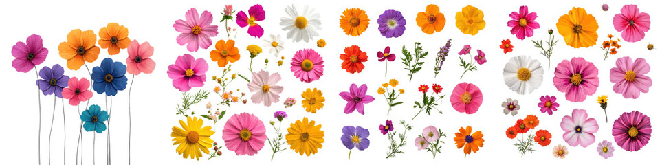 This image showcases a beautiful and vibrant assortment of colorful flowers including daisies cosmos marigolds sunflowers poppies violets pansies and chrysanthemums
