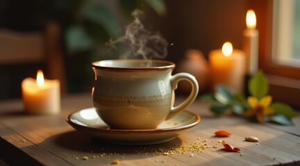 Obraz premium Warmth and Tranquility A Steaming Mug of Tea Beside Gentle Candlelight on a Rustic Wooden Table