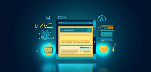 Polished blog marketing icon with a glowing article page and engagement tracking symbols