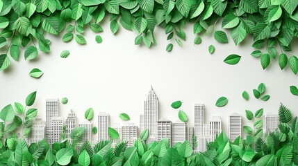 A paper art city skyline is surrounded by lush green leaves