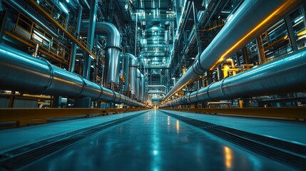 Obraz premium The interior view depicts large metal pipes in an industrial plant