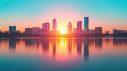 Breathtaking Sunset Over City Skyline Reflecting on Calm Water Surface, Vibrant Colors Blending in a Tranquil Scene of Urban Landscape at Dusk