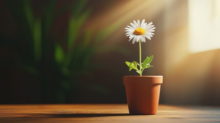 Fototapeta premium Fresh white daisy flower in a small terracotta pot, beautifully lit by soft natural sunlight, creating an inviting and warm atmosphere in a cozy space
