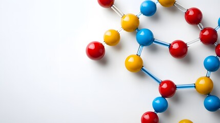 A molecular structure illustration featuring red, yellow, and blue atoms representing a scientific concept in chemistry