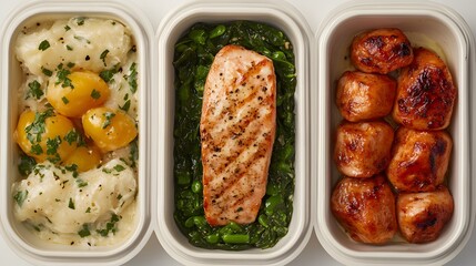 Three containers of food displayed together on a countertop, showcasing different dishes and easy meal prep solutions