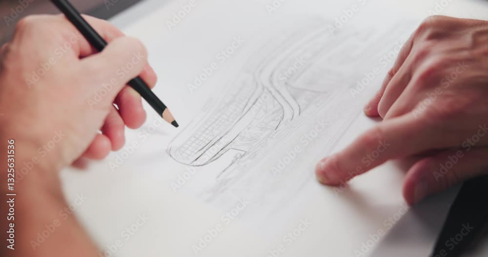 Aufkleber hands, drawing and paper with design, project and lines with planning, editing or process at company