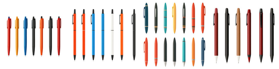 Fototapeta premium Assortment of diverse stationery items including pens pencils markers highlighters rulers and erasers arranged on a plain white background