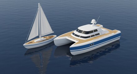 Fototapeta premium 穏やか日差し輝く海面 小型ヨットと豪華カタマラン 優雅な航海. AI Generated