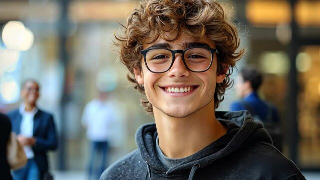 Young man with curly hair smiling cheerfully in urban setting