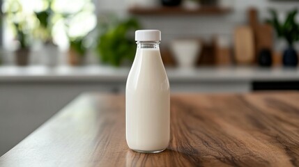 Glass bottle of milk on kitchen table.