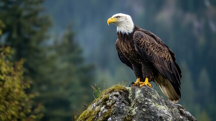 Majestic Bald Eagle perched atop a rocky outcrop, overlooking a misty mountain forest